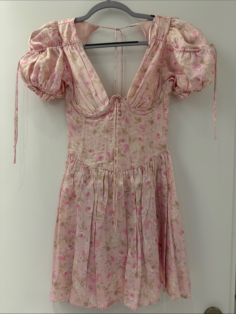 For Love And Lemons Blush Pink Rose-Print Puff Sleeve Mini Dress